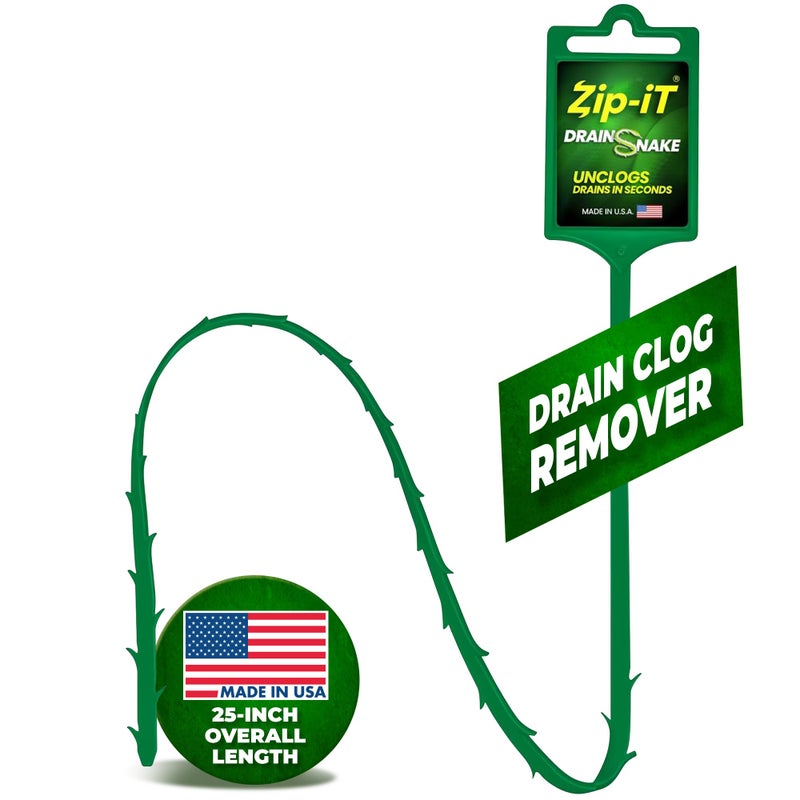 ZipIt Hair Drain Clog Remover 25inch Unclogger Tool for Shower Tub Sink Reusable Snake Drain Hair Removal Tool Flexible Nontoxic Green 1Pack