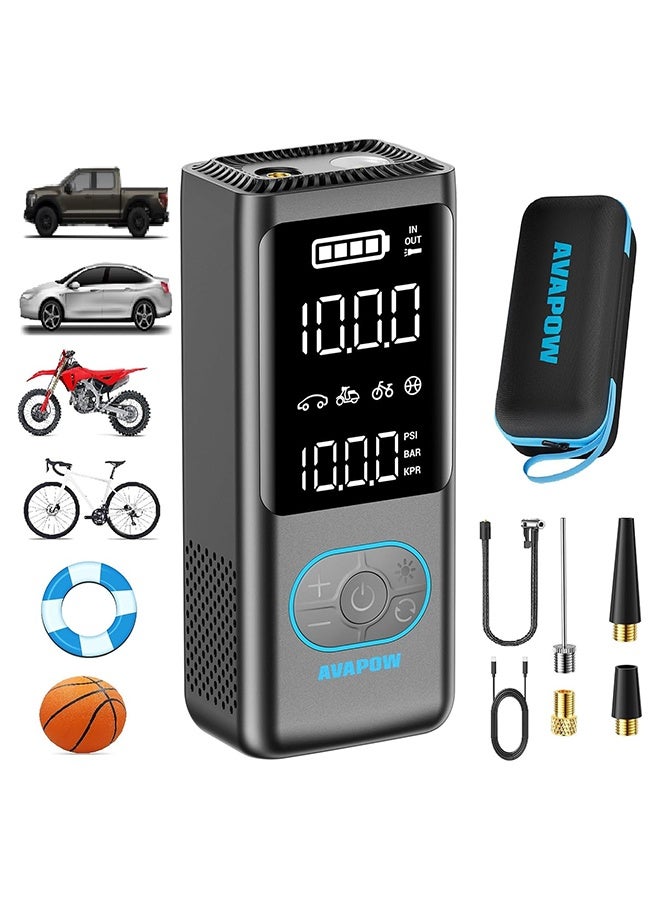 AVAPOW AP18 Tire Inflator Portable Air Compressor, 300% Faster 150 PSI Cordless Air Pump with Tire Pressure Gauge, 3.7″ Dual LCD Screen, Auto-Shuts Off Tire Pump for Car, Motorcycle, Bicycle, Balls  - Image 1