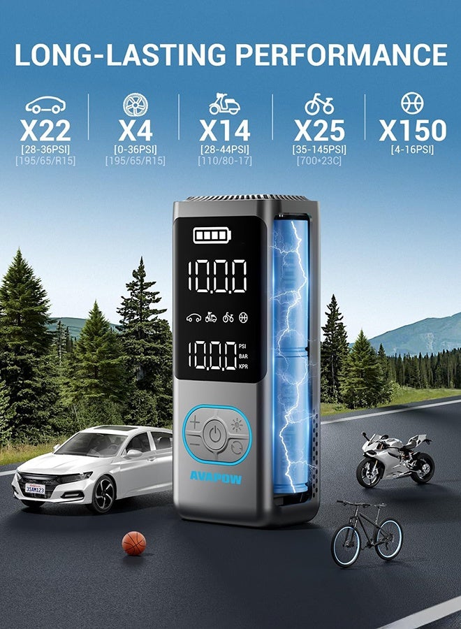 AVAPOW AP18 Tire Inflator Portable Air Compressor, 300% Faster 150 PSI Cordless Air Pump with Tire Pressure Gauge, 3.7″ Dual LCD Screen, Auto-Shuts Off Tire Pump for Car, Motorcycle, Bicycle, Balls  - Image 5