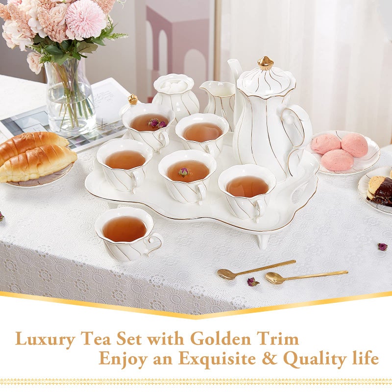 DUJUST 14 pcs Tea Set for 6 with Tea Tray & Spoons, Luxury British Style Coffee Cup Set with Golden Trim, Beautiful Porcelain Set for Living Room Decor, Tea Party Set, Gift Package - White - Image 2