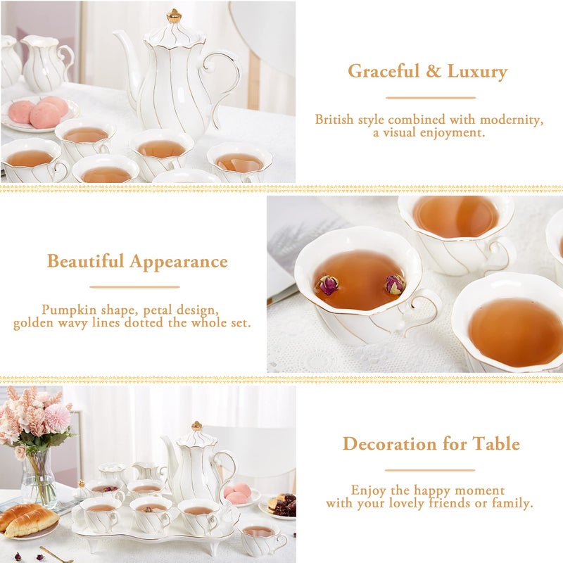 DUJUST 14 pcs Tea Set for 6 with Tea Tray & Spoons, Luxury British Style Coffee Cup Set with Golden Trim, Beautiful Porcelain Set for Living Room Decor, Tea Party Set, Gift Package - White - Image 3