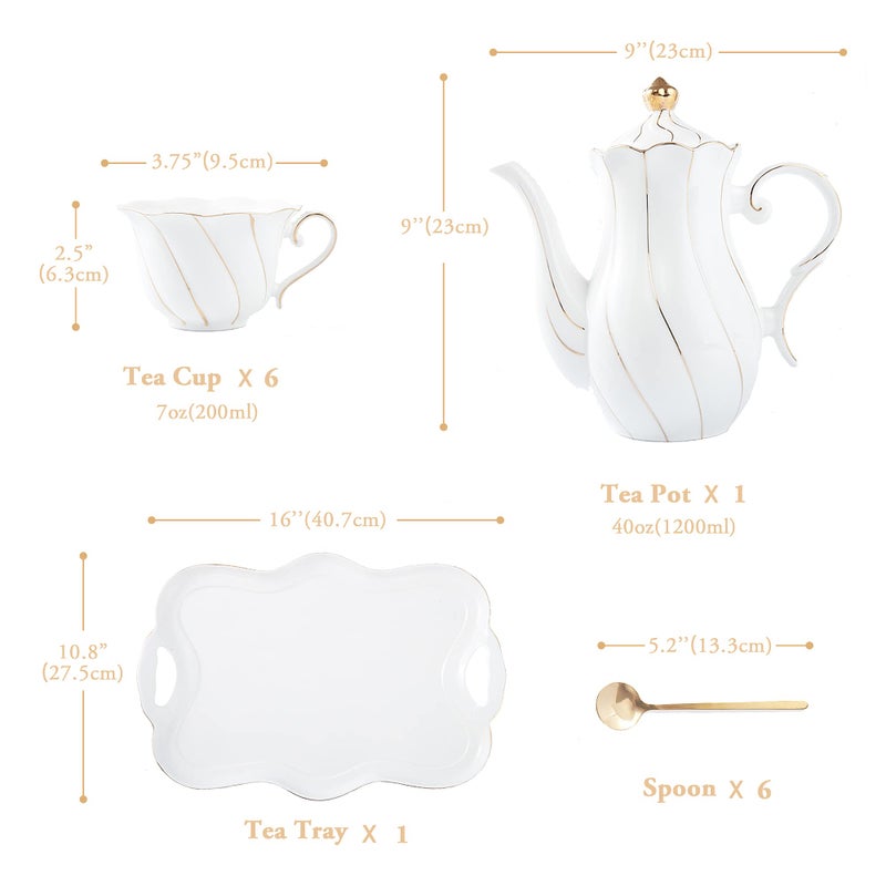 DUJUST 14 pcs Tea Set for 6 with Tea Tray & Spoons, Luxury British Style Coffee Cup Set with Golden Trim, Beautiful Porcelain Set for Living Room Decor, Tea Party Set, Gift Package - White - Image 5