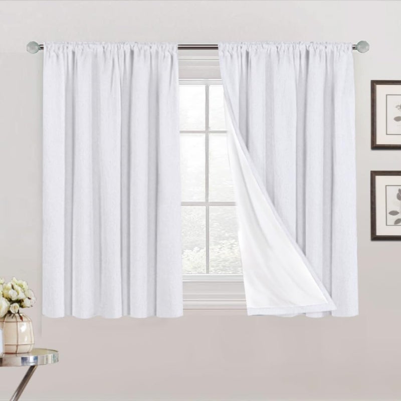 PrinceDeco Natural Linen Curtains 45 inches for Small Window Rod Pocket Complete Blackout Drapes with White LinerThermal Insulated  Noise Reducing PanelsSet of 2 Pearl White