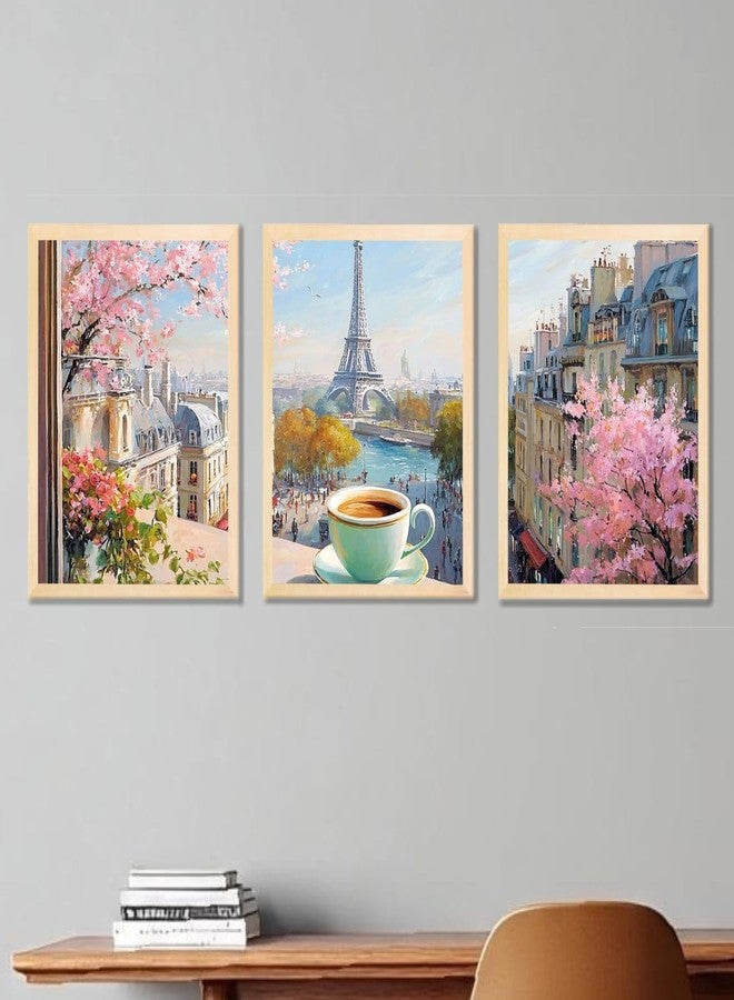 ARAkri Paris Spring Cityscape Triptych Travel Wall Art, 3-Piece Framed Posters Set with Eiffel Tower | Paintings for Wall Decor (13 x 17 inches Multicolor) - Image 1