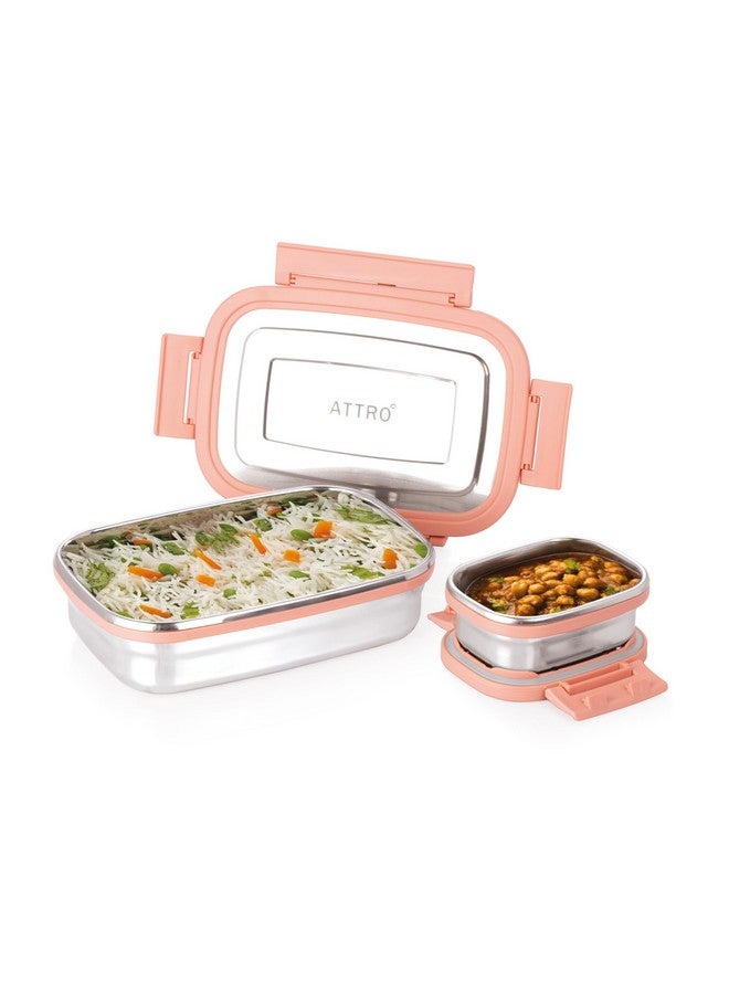 Attro Click Eat Junior Stainless Steel Lunch Box with 1 Small Box Airtight Spill Proof BPA Free Ideal for Office, School, Picnic - 650ml+140ml Peach - Image 1