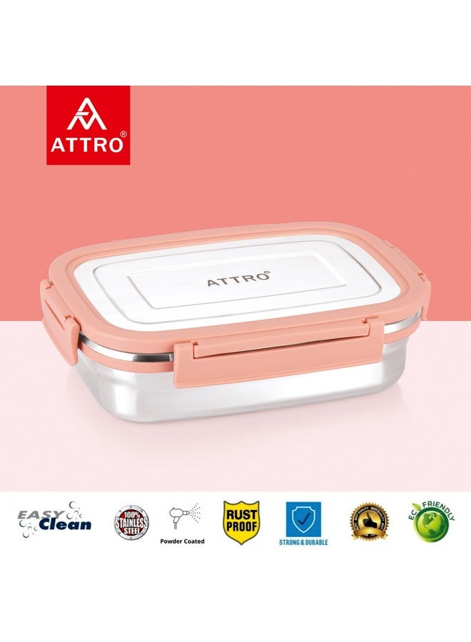 Attro Click Eat Junior Stainless Steel Lunch Box with 1 Small Box Airtight Spill Proof BPA Free Ideal for Office, School, Picnic - 650ml+140ml Peach - Image 2