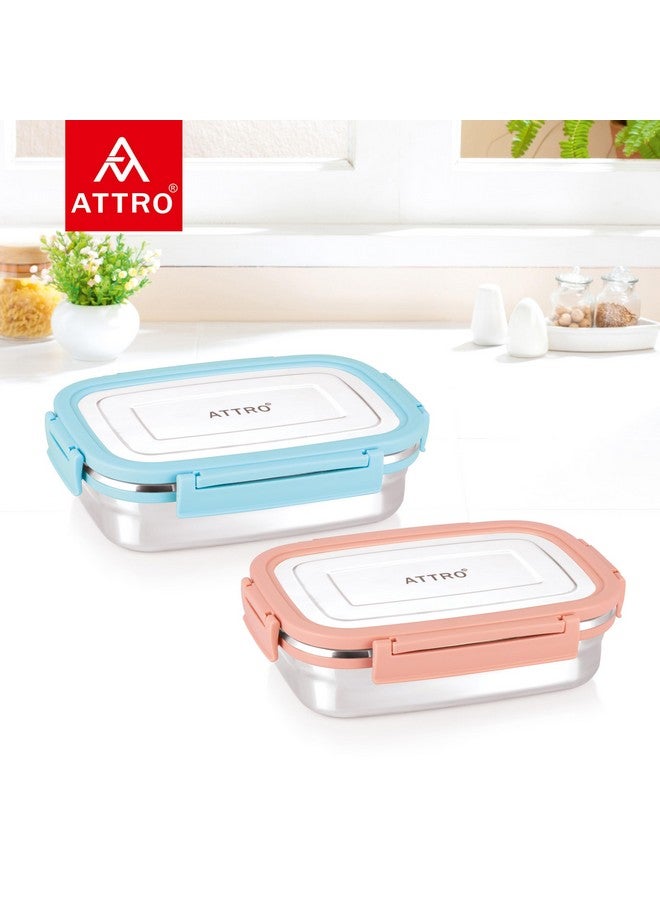 Attro Click Eat Junior Stainless Steel Lunch Box with 1 Small Box Airtight Spill Proof BPA Free Ideal for Office, School, Picnic - 650ml+140ml Peach - Image 4