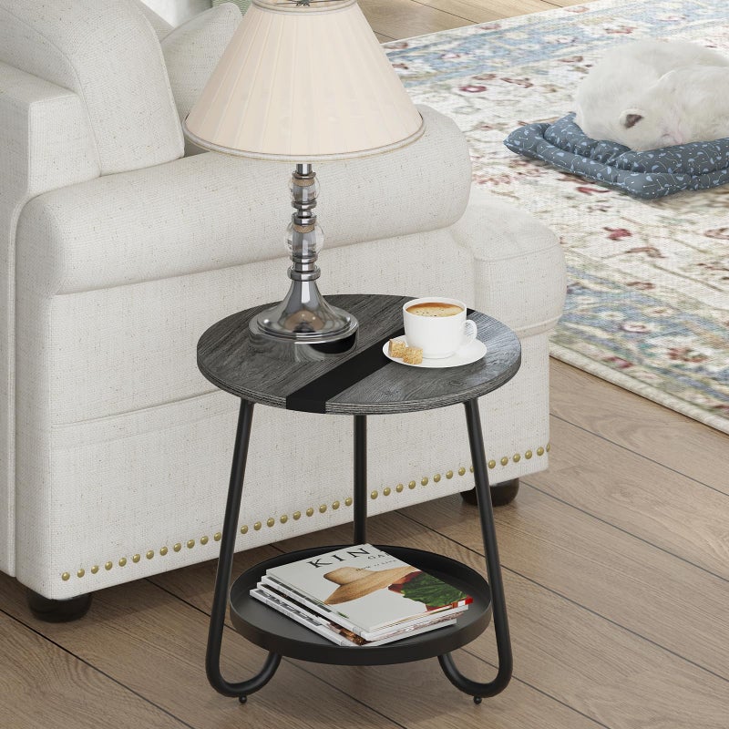 MOFAIN 2 Tier Coffee Table in Living Room, Industrial Style Round Coffee Table with Metal Tray, Wood Small Outdoor Coffee Table for Bedroom Balcony Patio, Gray - Image 2