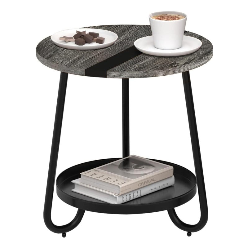 MOFAIN 2 Tier Coffee Table in Living Room, Industrial Style Round Coffee Table with Metal Tray, Wood Small Outdoor Coffee Table for Bedroom Balcony Patio, Gray - Image 1