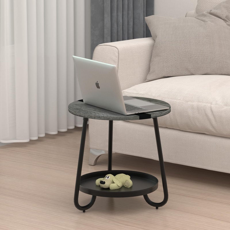 MOFAIN 2 Tier Coffee Table in Living Room, Industrial Style Round Coffee Table with Metal Tray, Wood Small Outdoor Coffee Table for Bedroom Balcony Patio, Gray - Image 5