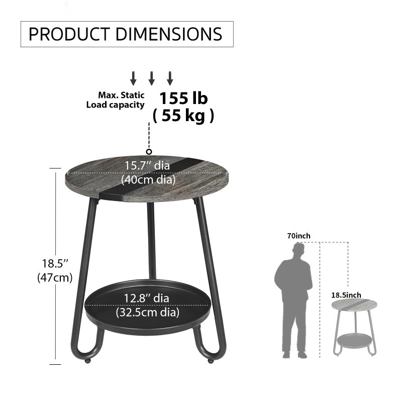 MOFAIN 2 Tier Coffee Table in Living Room, Industrial Style Round Coffee Table with Metal Tray, Wood Small Outdoor Coffee Table for Bedroom Balcony Patio, Gray - Image 3