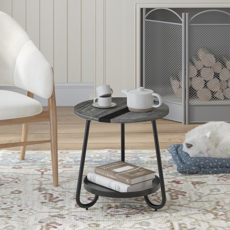 MOFAIN 2 Tier Coffee Table in Living Room, Industrial Style Round Coffee Table with Metal Tray, Wood Small Outdoor Coffee Table for Bedroom Balcony Patio, Gray - Image 4