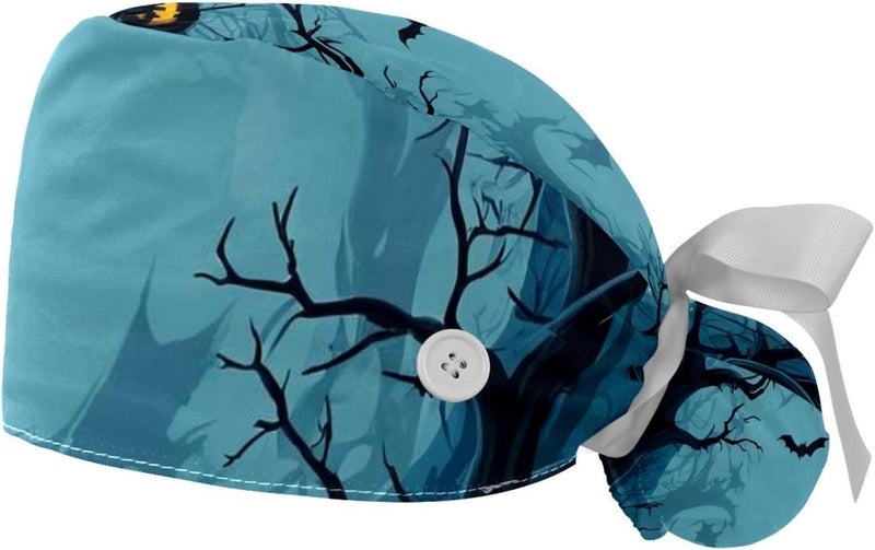 Adjustable Working Cap, 2 Packs Halloween Cobweb and Spiders_162 Surgical Cap Sweatband, Tie Back Hat - Image 1