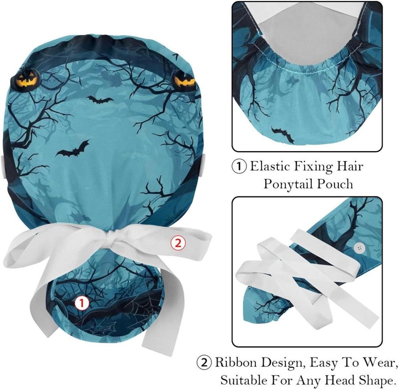 Adjustable Working Cap, 2 Packs Halloween Cobweb and Spiders_162 Surgical Cap Sweatband, Tie Back Hat - Image 4