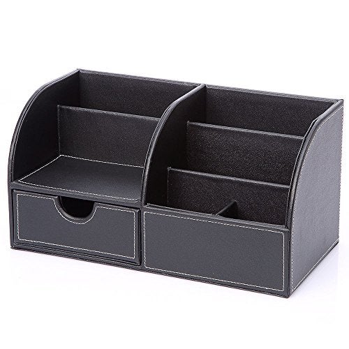 KINGFOM Pu Leather Desk Organizer Pen Pencil Holder Office Supplies Caddy Storage Box 6 Compartments with Drawer Black (Full Pu Leather) - Image 3