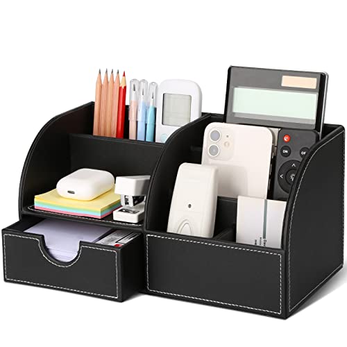 KINGFOM Pu Leather Desk Organizer Pen Pencil Holder Office Supplies Caddy Storage Box 6 Compartments with Drawer Black (Full Pu Leather) - Image 1