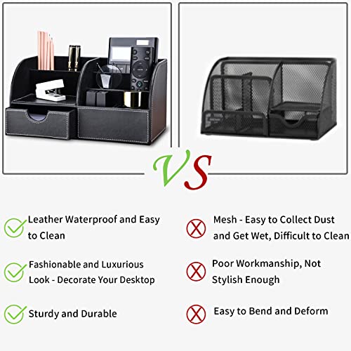 KINGFOM Pu Leather Desk Organizer Pen Pencil Holder Office Supplies Caddy Storage Box 6 Compartments with Drawer Black (Full Pu Leather) - Image 2