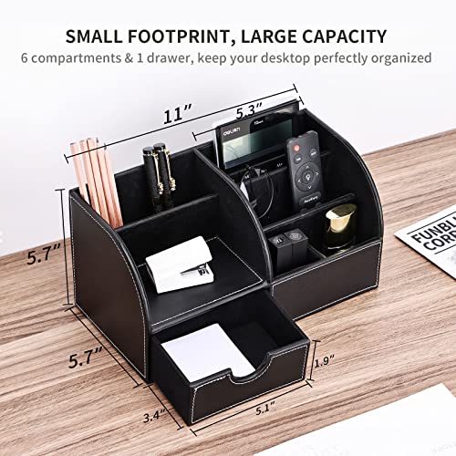 KINGFOM Pu Leather Desk Organizer Pen Pencil Holder Office Supplies Caddy Storage Box 6 Compartments with Drawer Black (Full Pu Leather) - Image 5