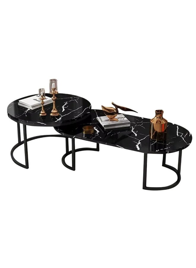 DubaiGallery Tempered Glass Nesting Coffee Table Modern Faux Marble Finish Set of 2 One Round and One Oval Side Tea Tables with Golden Steel Base Space Saving Design Durable 3mm Tempered Glass Tabletop Waterproof and Scratch-Resistant Perfect for Home Living Room Bedroom Outdoor Garden Patio or Small Spaces Versatile End Table, Sofa Side, Center Table Bedside Tables Stackable Accent Table - Image 1