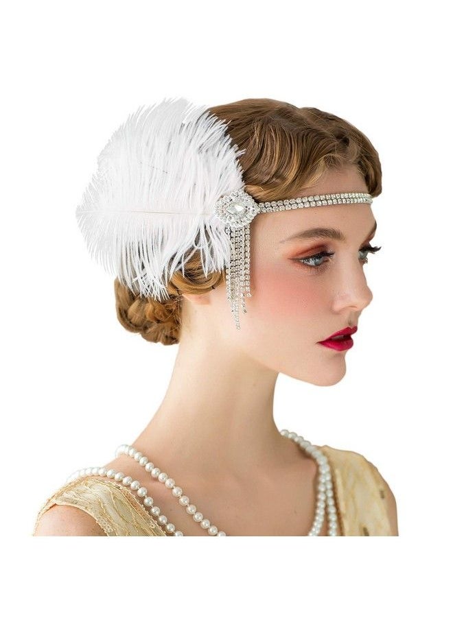 SWEETV Flapper Headbands Womens 1920S Headpiece Great Gatsby Inspired Feather Headband Cocktail Party Rhinestone Hair Accessories For Women Ivory  - Image 2