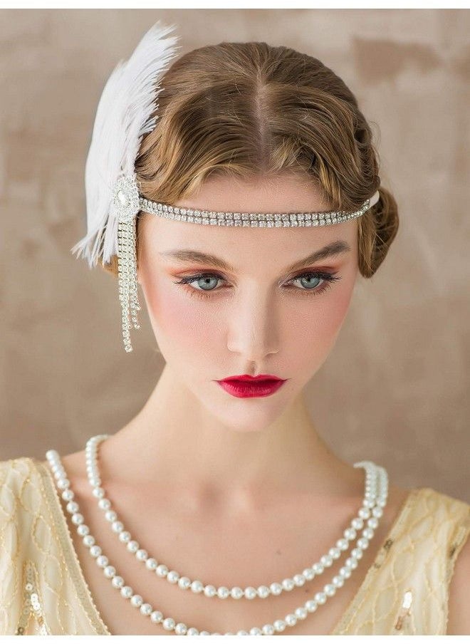 SWEETV Flapper Headbands Womens 1920S Headpiece Great Gatsby Inspired Feather Headband Cocktail Party Rhinestone Hair Accessories For Women Ivory  - Image 5