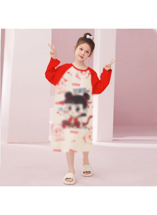 Children's Pure Cotton Nightgown Spring & Fall New Cute Princess Style Round Neck Pajamas Girls Korean Style Loose Long-sleeved Home Clothes