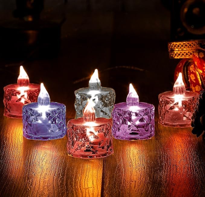 AENCI ENTERPRISE Crystal Flameless and Smokeless Decorative Candles Transparent Acrylic Led Tea Light for Diwali Christmas Festival Candles Multicolor (Diamond led candles-KTC-104, Pack of 6) - Image 1
