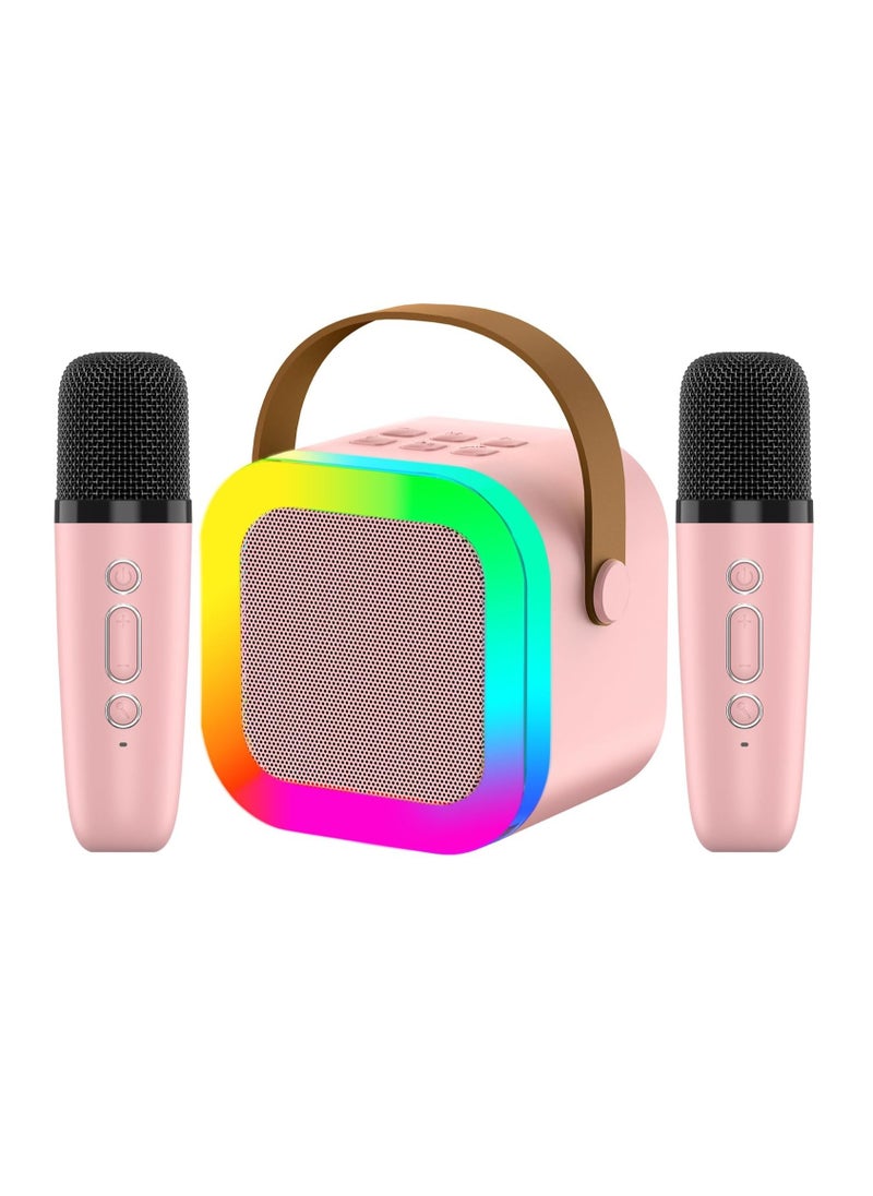 Generic Mini Karaoke Machine for Kids Adult Birthday Gift, Portable Bluetooth Karaoke Speaker with 2 Wireless Microphones and LED Colored Lights for Family Birthday Party (Pink)  - Image 1