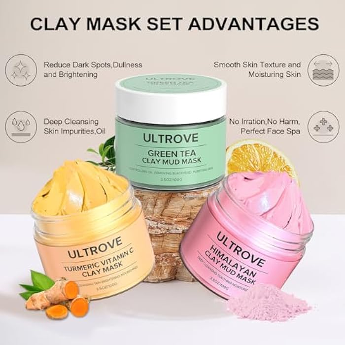Ultrove 3-in-1 Clay Mask Set for Face | Green Tea, Turmeric Vitamin C & Himalayan Pink Clay | Deep Cleansing, Pore Refining, Moisturizing Facial Mask Kit (3.5oz Each) + Silicone Brush - Image 2