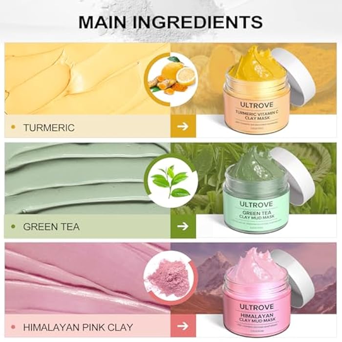 Ultrove 3-in-1 Clay Mask Set for Face | Green Tea, Turmeric Vitamin C & Himalayan Pink Clay | Deep Cleansing, Pore Refining, Moisturizing Facial Mask Kit (3.5oz Each) + Silicone Brush - Image 3