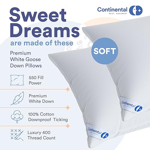 Continental Bedding | Harmony White Down Pillow | 550 Fill Power | 400 Thread Count Cotton Cover | Made in USA | Queen, Soft | 2 Pack - Image 2