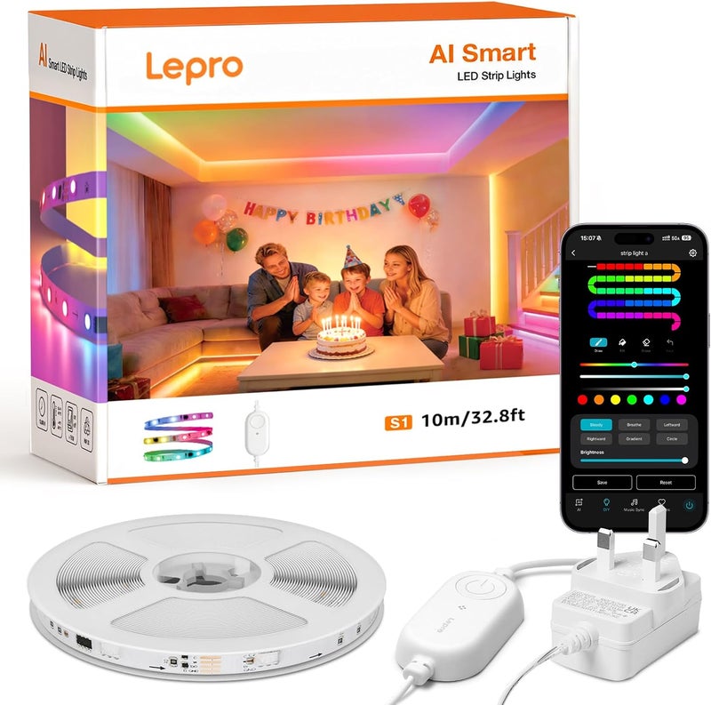 لايتنغ إيفر شريط LED ذكي قوس قزح من Lepro S1 بطول 10 أمتار، 30 مصباح LED لكل متر، مزامنة الموسيقى، يعمل مع Alexa وGoogle Home، تحكم عبر WiFi وBluetooth وتطبيق وصوت، مساعد تصميم إضاءة بالذكاء الاصطناعي، أضواء LED ملونة سحرية لغرفة النوم - Image 1