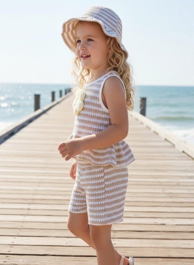 SODLON Toddler Girl Clothes 18-24 Months Baby Ruffle Sleeveless Khaki Stripe 3D Daisy Tank Top Infant Shorts Sets with Hat Cute Gifts Beach Summer Outfits Clothing - Image 3