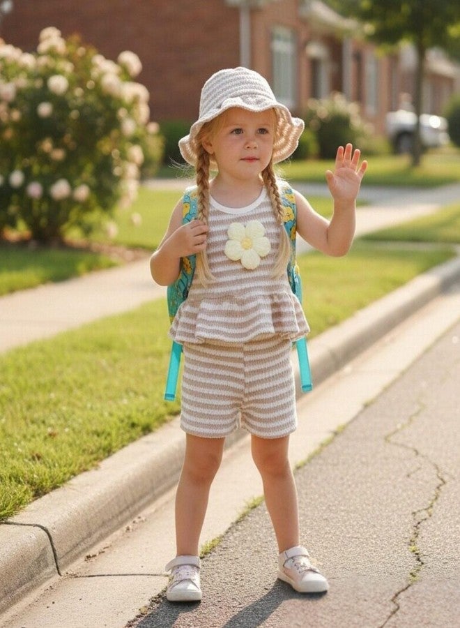 SODLON Toddler Girl Clothes 18-24 Months Baby Ruffle Sleeveless Khaki Stripe 3D Daisy Tank Top Infant Shorts Sets with Hat Cute Gifts Beach Summer Outfits Clothing - Image 2