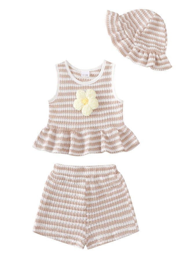 SODLON Toddler Girl Clothes 18-24 Months Baby Ruffle Sleeveless Khaki Stripe 3D Daisy Tank Top Infant Shorts Sets with Hat Cute Gifts Beach Summer Outfits Clothing - Image 1