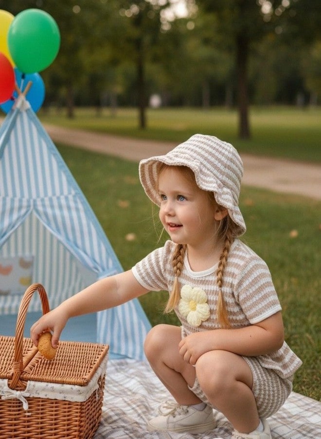 SODLON Toddler Girl Clothes 18-24 Months Baby Ruffle Sleeveless Khaki Stripe 3D Daisy Tank Top Infant Shorts Sets with Hat Cute Gifts Beach Summer Outfits Clothing - Image 4