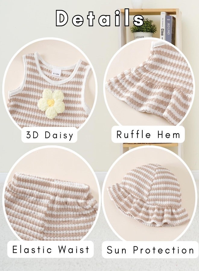 SODLON Toddler Girl Clothes 18-24 Months Baby Ruffle Sleeveless Khaki Stripe 3D Daisy Tank Top Infant Shorts Sets with Hat Cute Gifts Beach Summer Outfits Clothing - Image 5