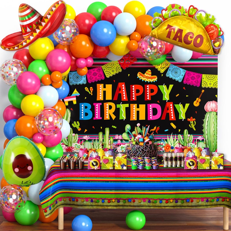 Winrayk Mexican Fiesta Party Decorations Cinco De Mayo Birthday Decor, Fiesta Balloon Arch Kit with Backdrop Tablecloth Taco Sombrero Avocado Foil Balloons, Kids Adult Mexican Theme Party Decorations - Image 1