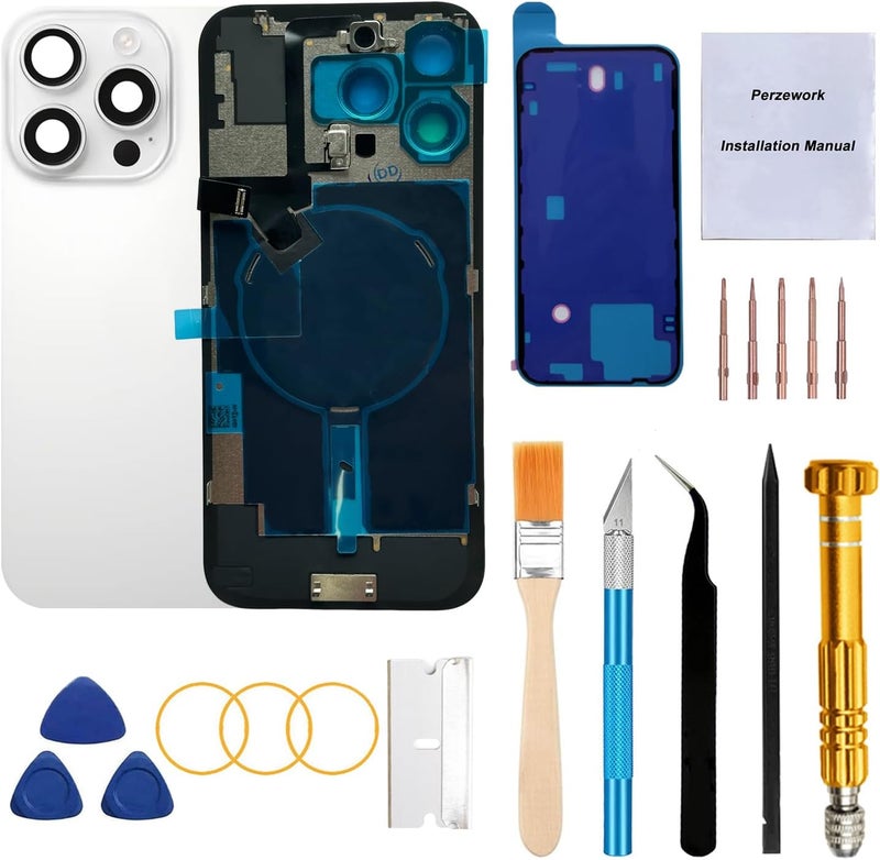 Perzework Rear Back Glass Replacement for iPhone 16 Pro 6.3-inches with Reparing Tool Kit and All Necessary Parts (White Titanium) - Image 1