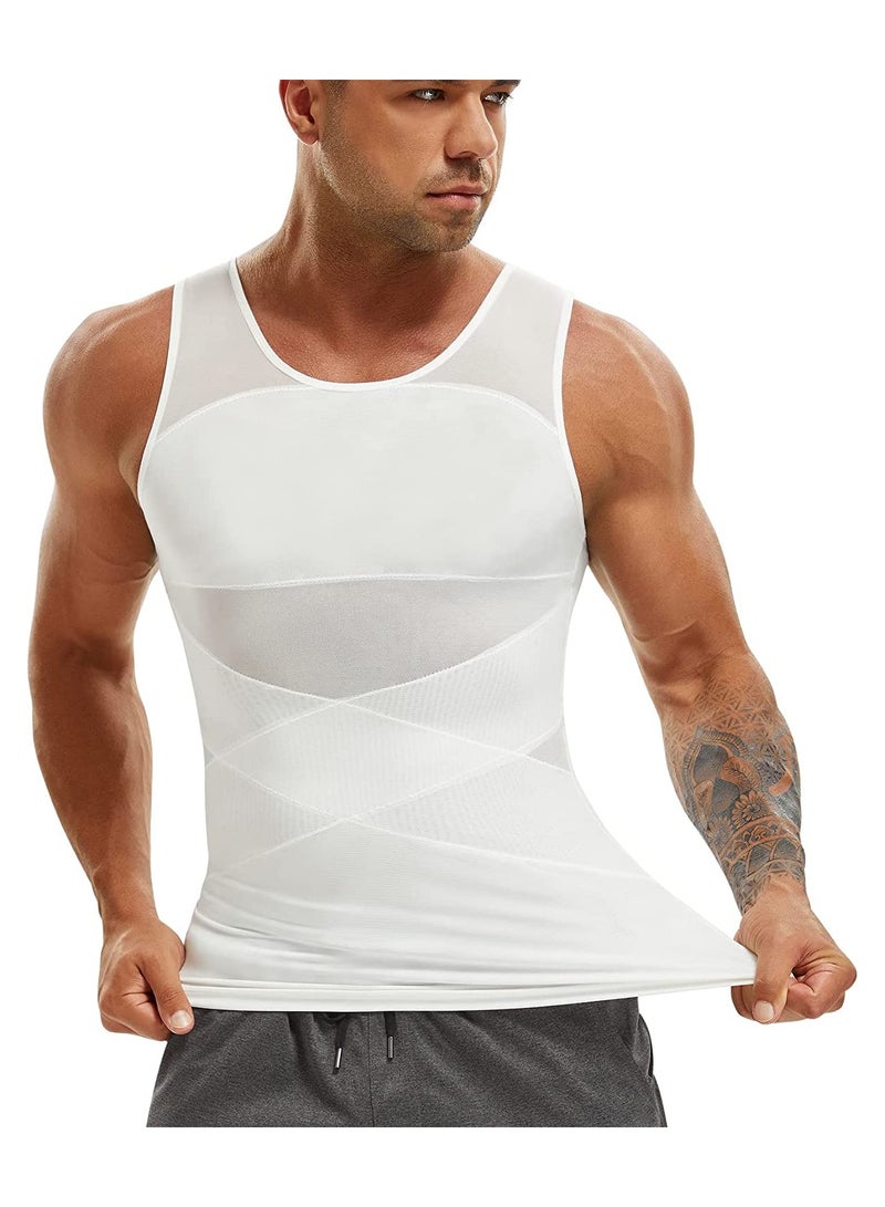 إس سيميفر ضغط قميص للرجال التخسيس تحت قميص الجسم المشكل تانك توب لسترة بلا أكمام الرجال أبيض ، M - Image 1