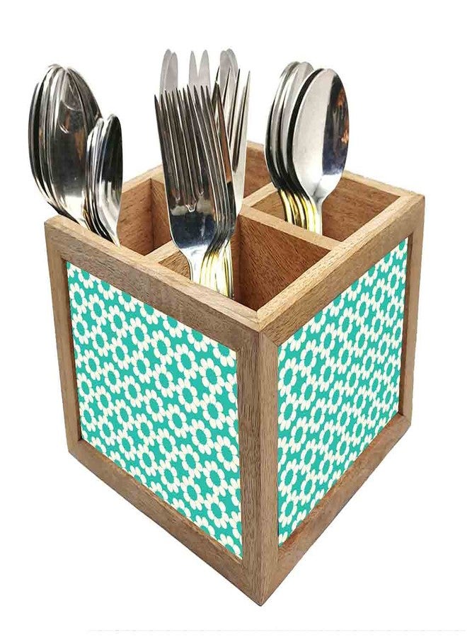 Nutcase Wooden Cutlery Stand Holder Silverware Caddy Spoons Forks Knives Organizer for Dining Table & Kitchen -Made in India-Spoons NOT Included - Blue Flowers Design - Image 1