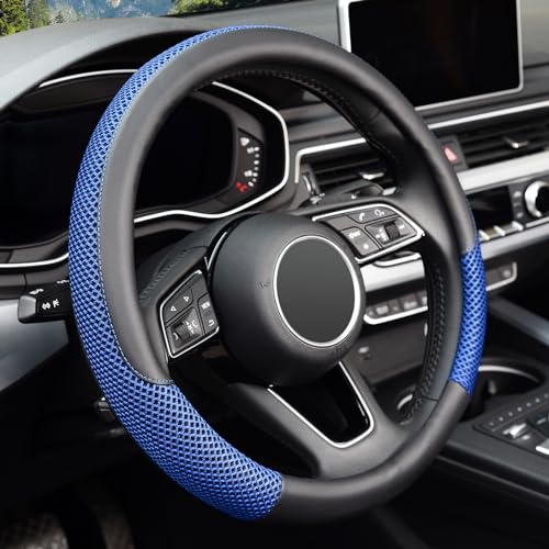 KAFEEK Steering Wheel Cover, Universal 15 inch, Microfiber Leather Viscose, Breathable, Anti-Slip,Warm in Winter and Cool in Summer, Black&Blue - Image 1