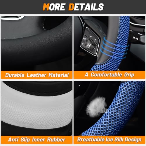 KAFEEK Steering Wheel Cover, Universal 15 inch, Microfiber Leather Viscose, Breathable, Anti-Slip,Warm in Winter and Cool in Summer, Black&Blue - Image 4