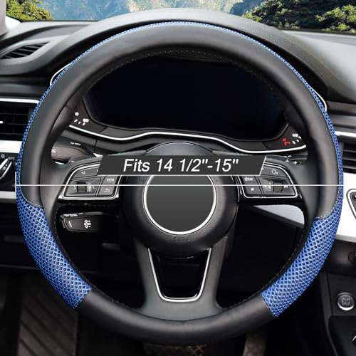 KAFEEK Steering Wheel Cover, Universal 15 inch, Microfiber Leather Viscose, Breathable, Anti-Slip,Warm in Winter and Cool in Summer, Black&Blue - Image 2