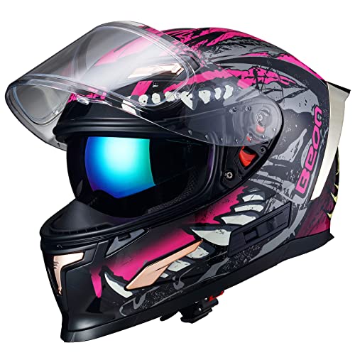 BEON خوذة دراجة نارية كاملة الوجه BEON، خوذة دراجة شارع مع نظارات واضحة ومظلمة وفتحات متعددة، خوذة موتوكروس معتمدة من DOT للرجال والنساء البالغين، S-XL (M، وردي لامع) - Image 1