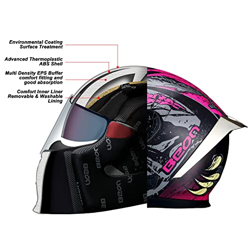 BEON خوذة دراجة نارية كاملة الوجه BEON، خوذة دراجة شارع مع نظارات واضحة ومظلمة وفتحات متعددة، خوذة موتوكروس معتمدة من DOT للرجال والنساء البالغين، S-XL (M، وردي لامع) - Image 3