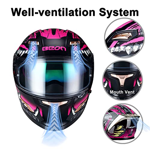 BEON خوذة دراجة نارية كاملة الوجه BEON، خوذة دراجة شارع مع نظارات واضحة ومظلمة وفتحات متعددة، خوذة موتوكروس معتمدة من DOT للرجال والنساء البالغين، S-XL (M، وردي لامع) - Image 4