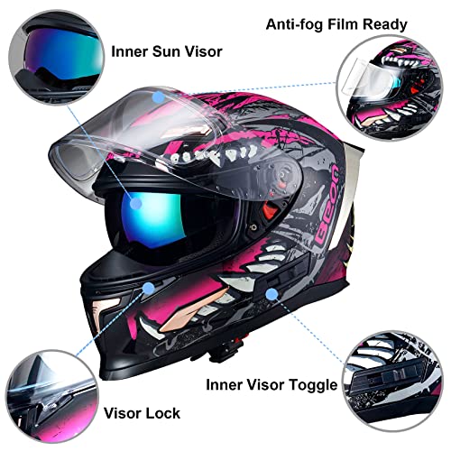 BEON خوذة دراجة نارية كاملة الوجه BEON، خوذة دراجة شارع مع نظارات واضحة ومظلمة وفتحات متعددة، خوذة موتوكروس معتمدة من DOT للرجال والنساء البالغين، S-XL (M، وردي لامع) - Image 5