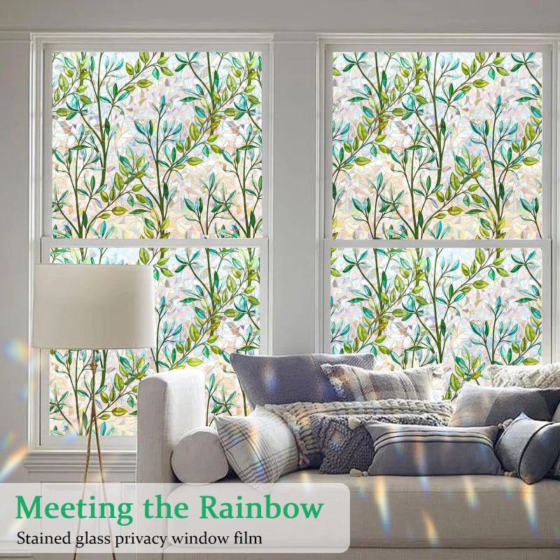 Bectosy Stained Glass Window Film Decorative for Glass, Bathroom Window Privacy Film Static Cling, Rainbow Window Cling UV Blocking Non-Adhesive for Home Office Door (Green, 17.5" x 78.7") - Image 2