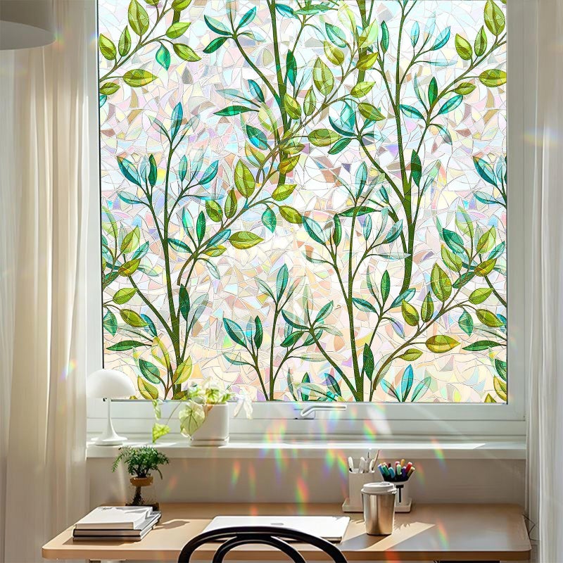 Bectosy Stained Glass Window Film Decorative for Glass, Bathroom Window Privacy Film Static Cling, Rainbow Window Cling UV Blocking Non-Adhesive for Home Office Door (Green, 17.5" x 78.7") - Image 1